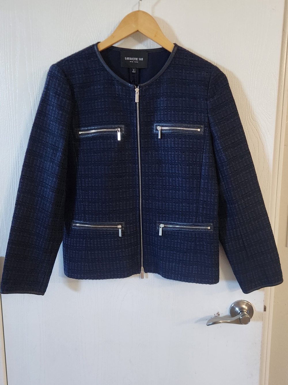 Lafayette 148 New York Navy Tweed Zip-Detail Jacket - Picture 2 of 10